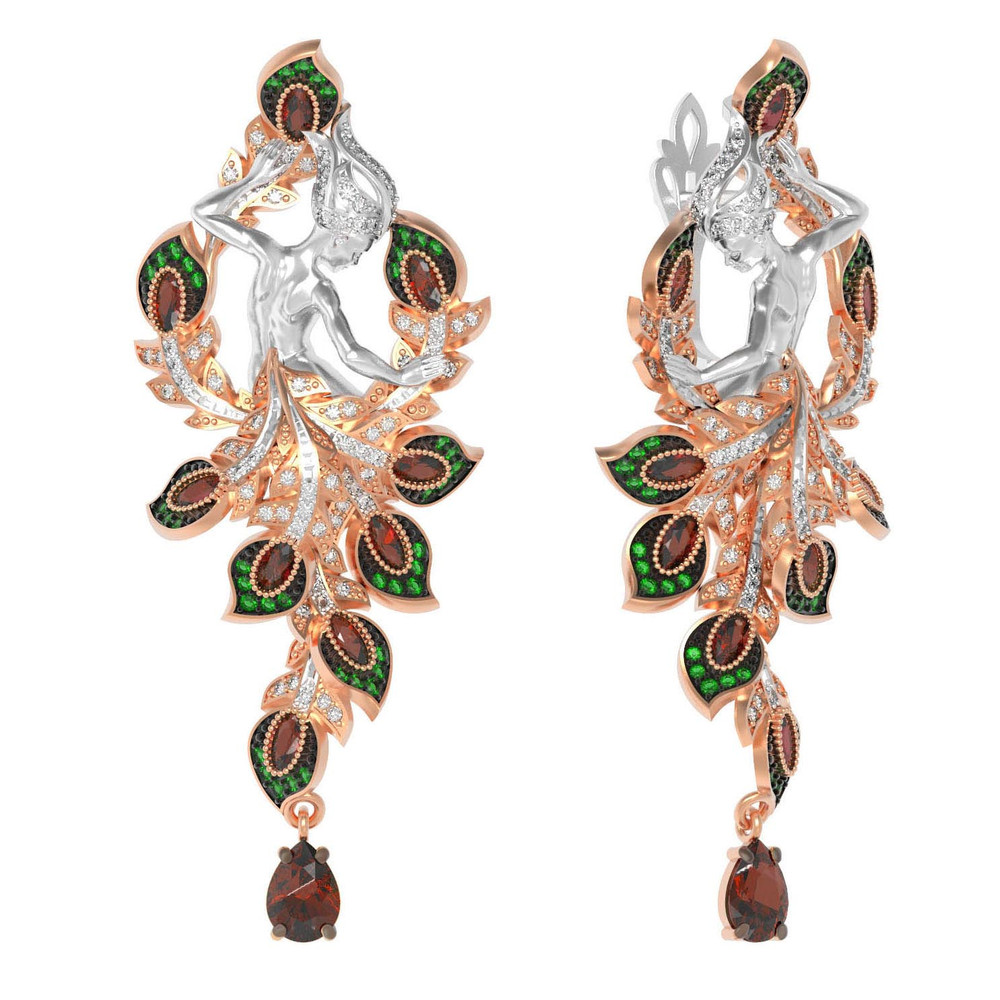 Серьги из золота c фианитом и гранатом