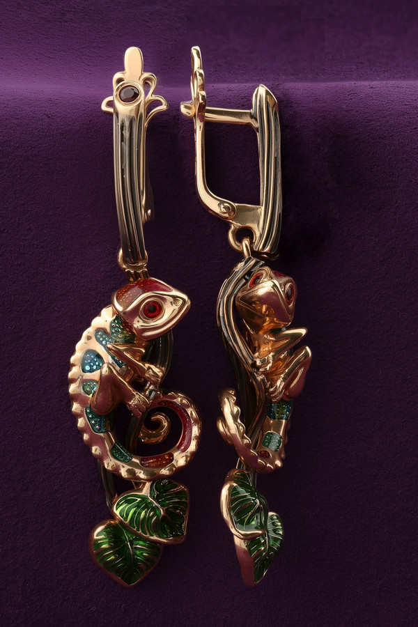 Серьги из золота c эмаль и гранатом