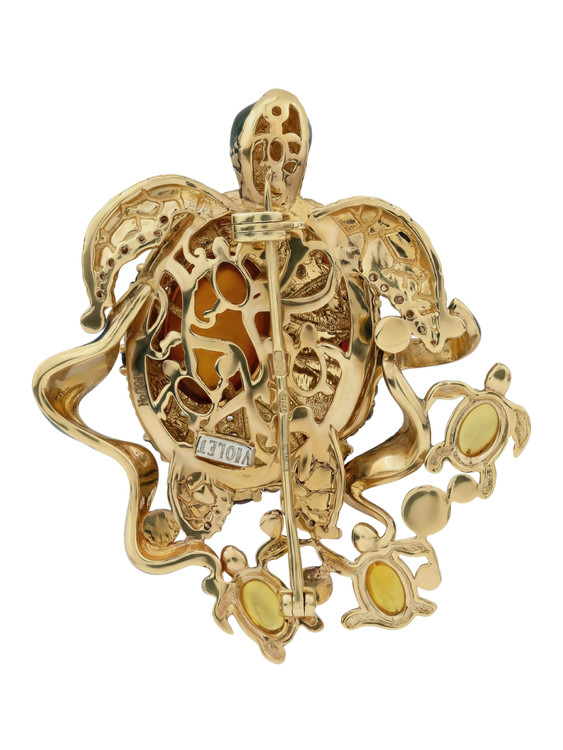 Брошь из лимонного золота c эмаль , фианитом, гранатом и янтарём