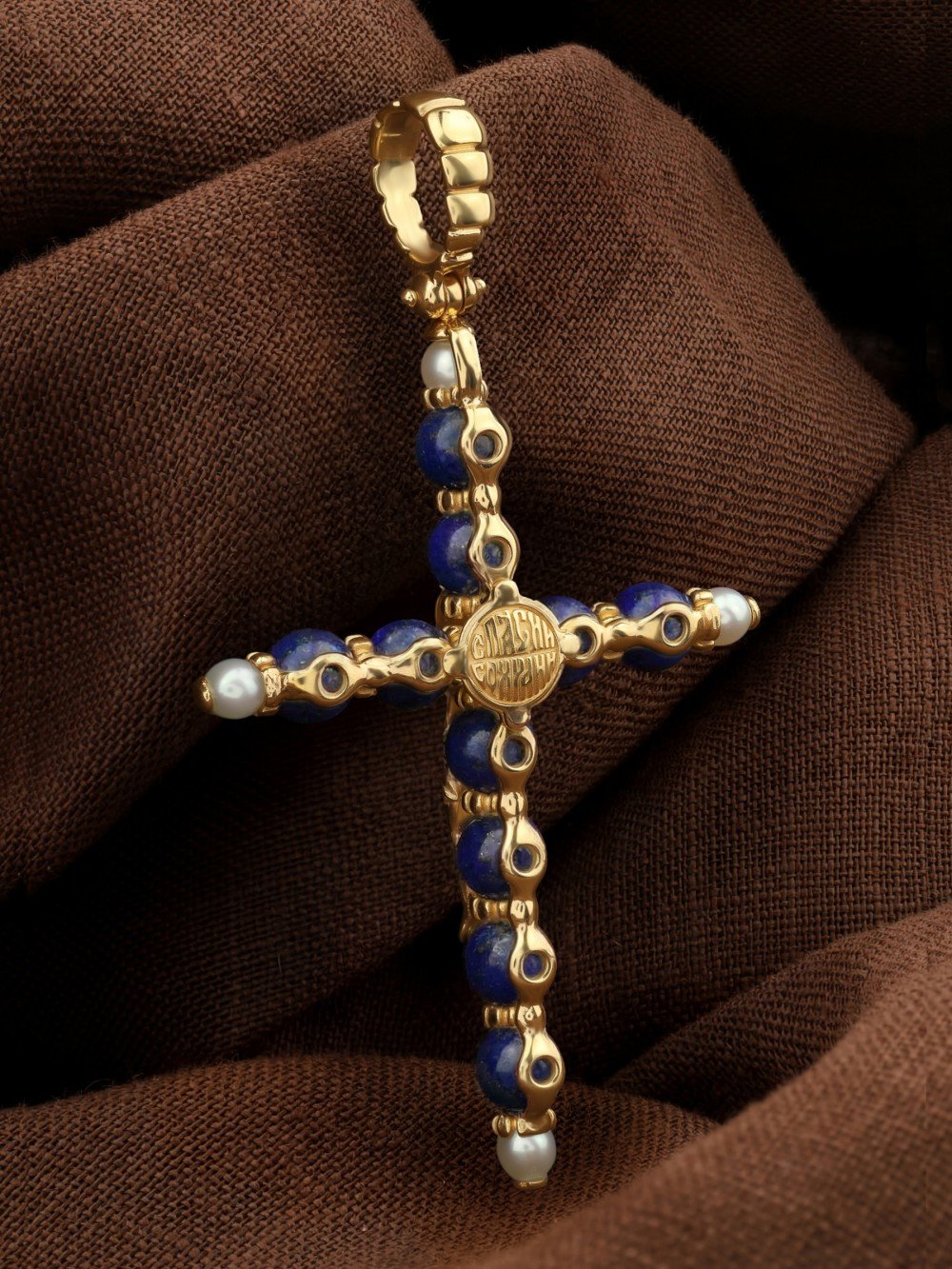 Крест из лимонного золота c жемчугом и лазуритом