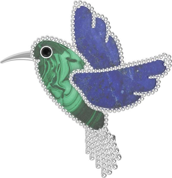 Брошь из белого золота c эмаль , лазуритом и малахитом