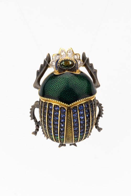 Брошь из лимонного золота c эмаль , фианитом и турмалином