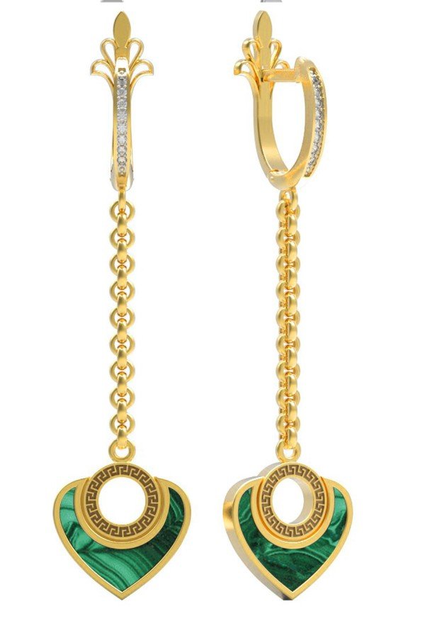 Серьги из лимонного золота c фианитом и малахитом