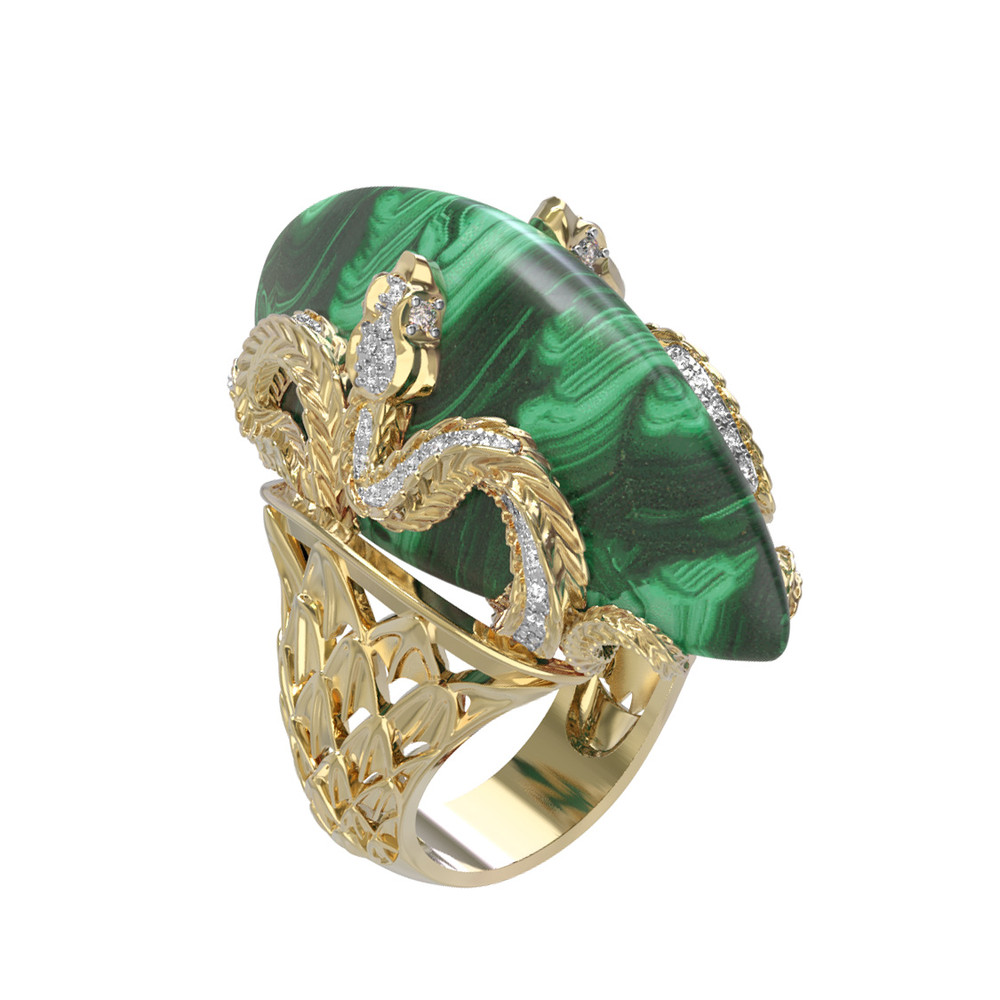 Кольцо из лимонного золота c бриллиантами и малахитом