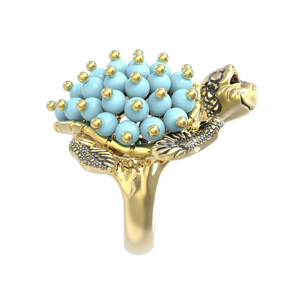 Кольцо из лимонного золота c эмаль и бирюзой