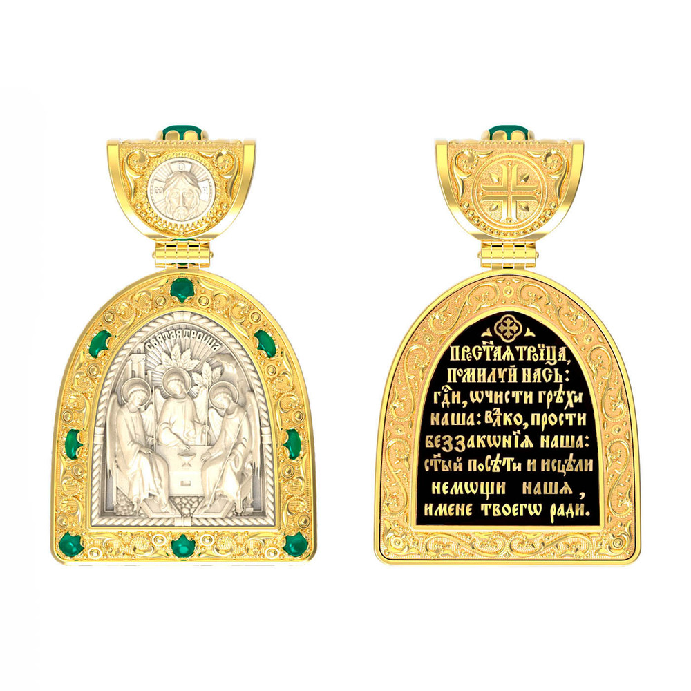 Образок из лимонного золота c эмаль , хризопразом и бивнем мамонта