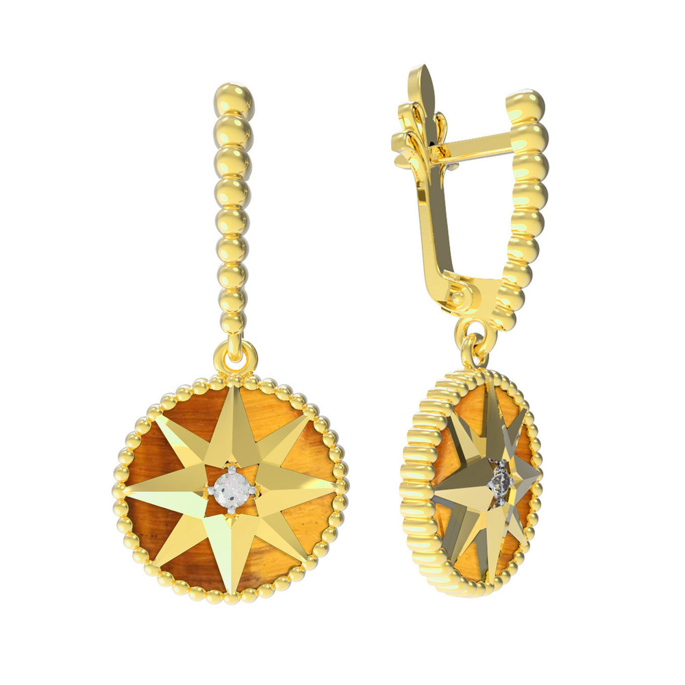 Серьги из лимонного золота c фианитом и тигровым глазом