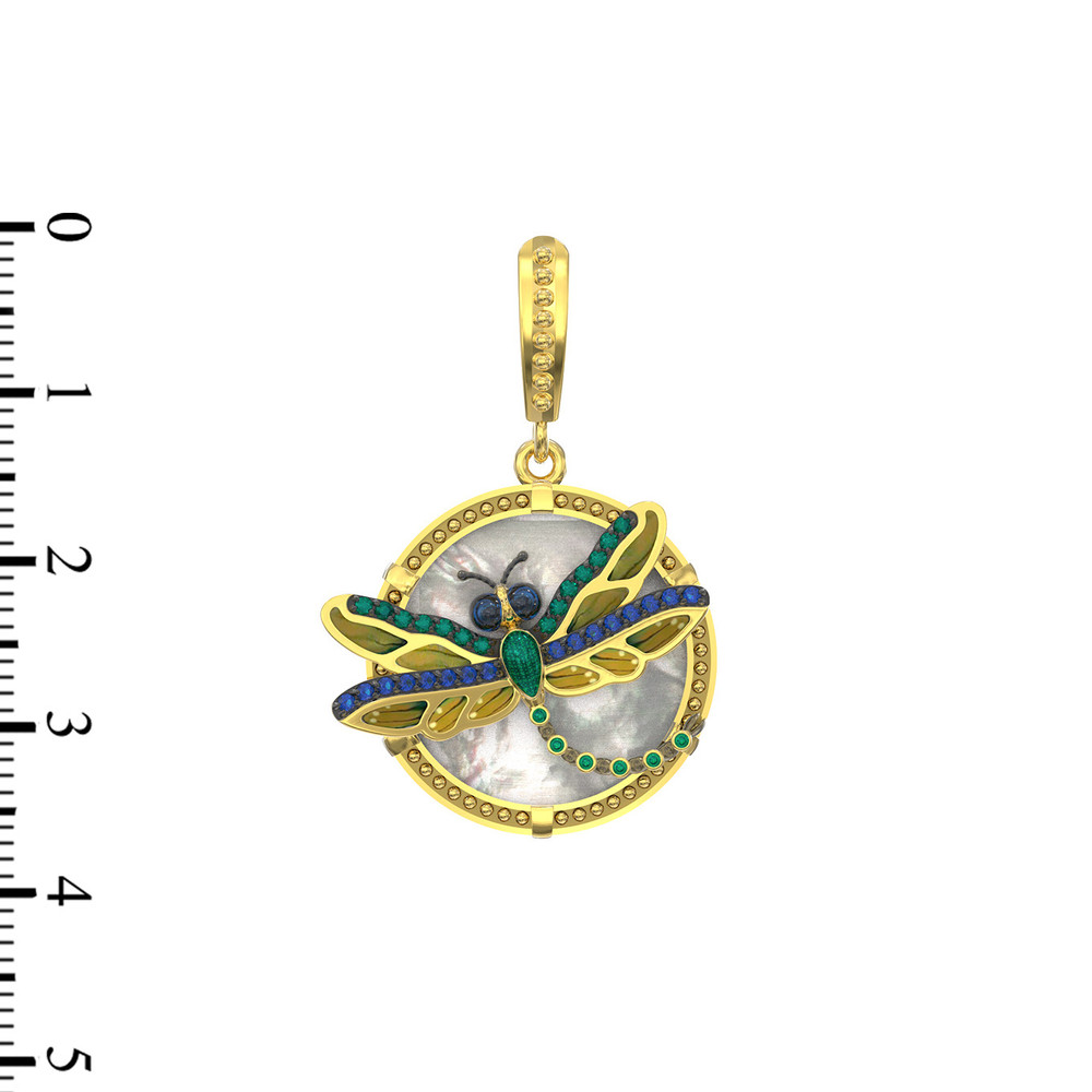 Подвеска из лимонного золота c сапфиром, изумрудом, эмалью и перламутром