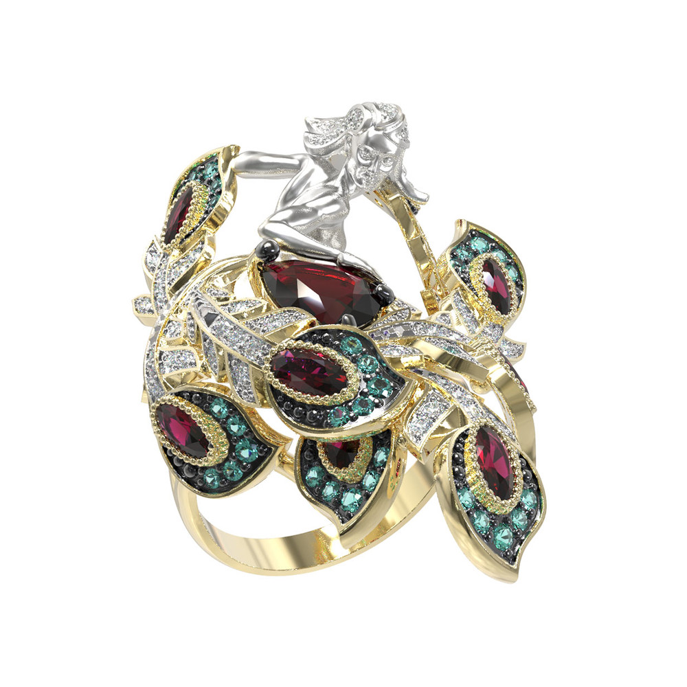 Кольцо из лимонного золота c фианитом и гранатом