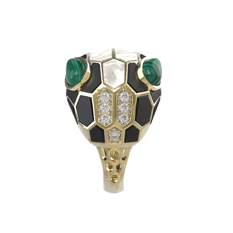Кольцо из лимонного золота c бриллиантами, рубином, ониксом, малахитом и перламутром
