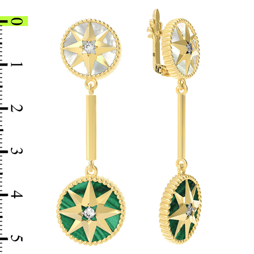 Серьги из лимонного золота c фианитом, малахитом и перламутром