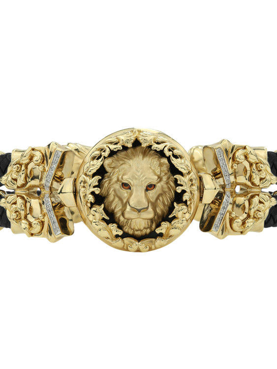 Браслет из лимонного золота c эмаль , бриллиантами, шнурком и ониксом