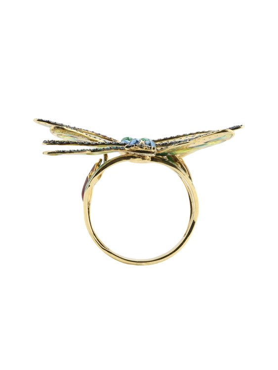 Кольцо из лимонного золота c сапфиром, изумрудом и эмалью