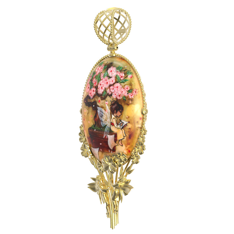 Подвеска из лимонного золота c росписным янтарём