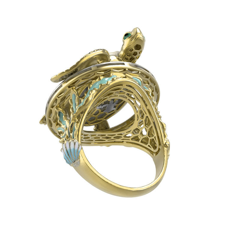 Кольцо из лимонного золота c эмаль и бивнем мамонта