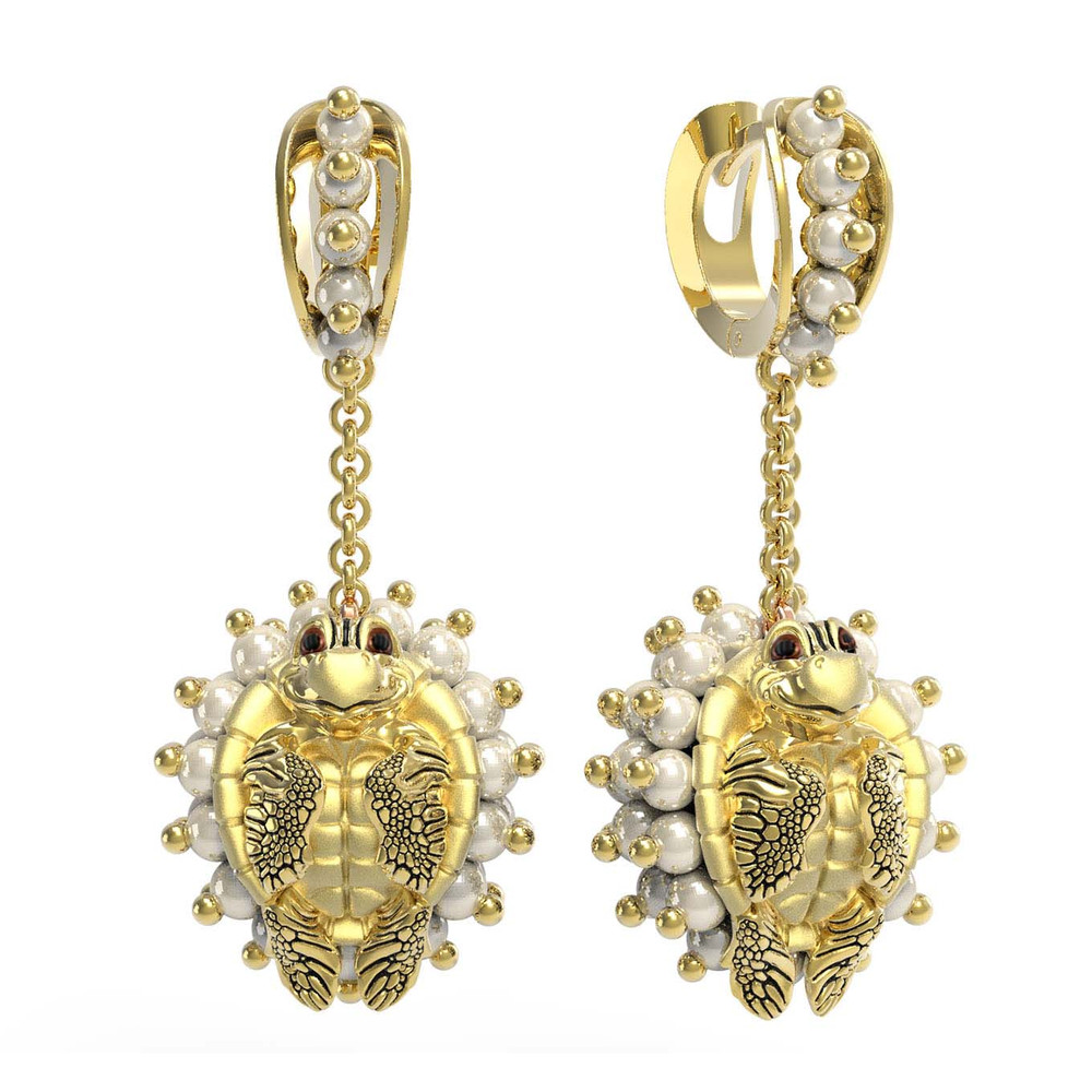 Серьги из лимонного золота c эмалью и жемчугом