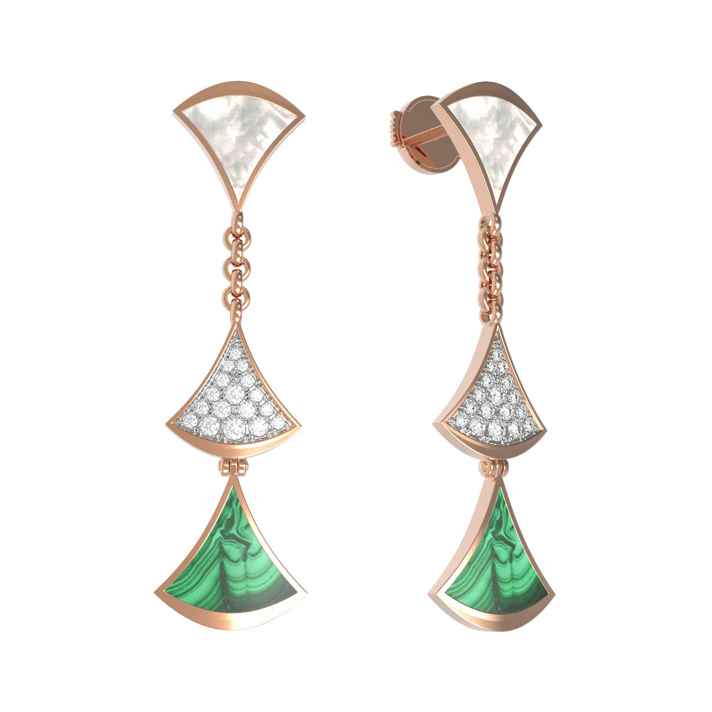 Серьги из золота c бриллиантами, малахитом и перламутром