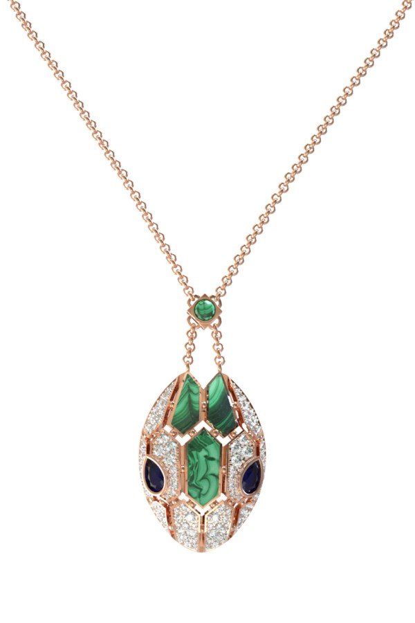 Колье из золота c бриллиантами, сапфиром и малахитом