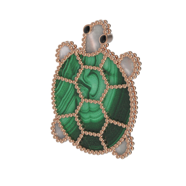 Брошь из золота c эмалью, малахитом и перламутром