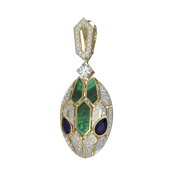 Подвеска из лимонного золота c бриллиантами, сапфиром и малахитом