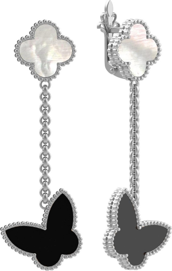 Серьги из белого золота c ониксом и перламутром