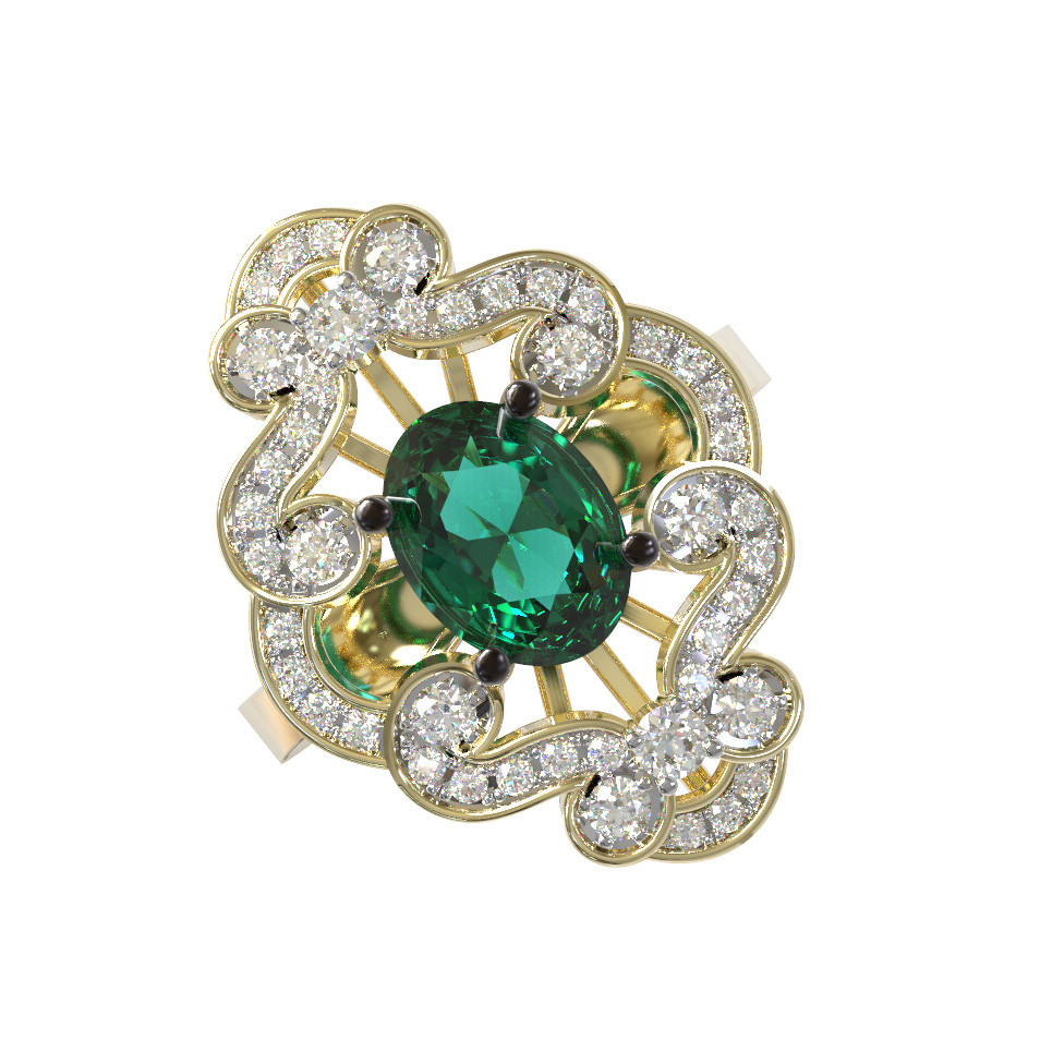 Кольцо из лимонного золота c бриллиантами и изумрудом