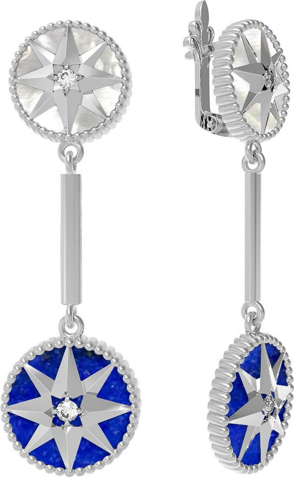 Серьги из белого золота c фианитом, лазуритом и перламутром