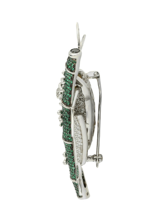 Брошь из белого золота c эмалью, фианитом и дымчатым кварцем