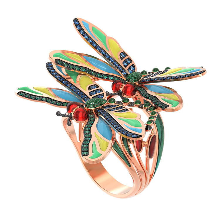 Кольцо из золота c сапфиром, изумрудом и эмалью