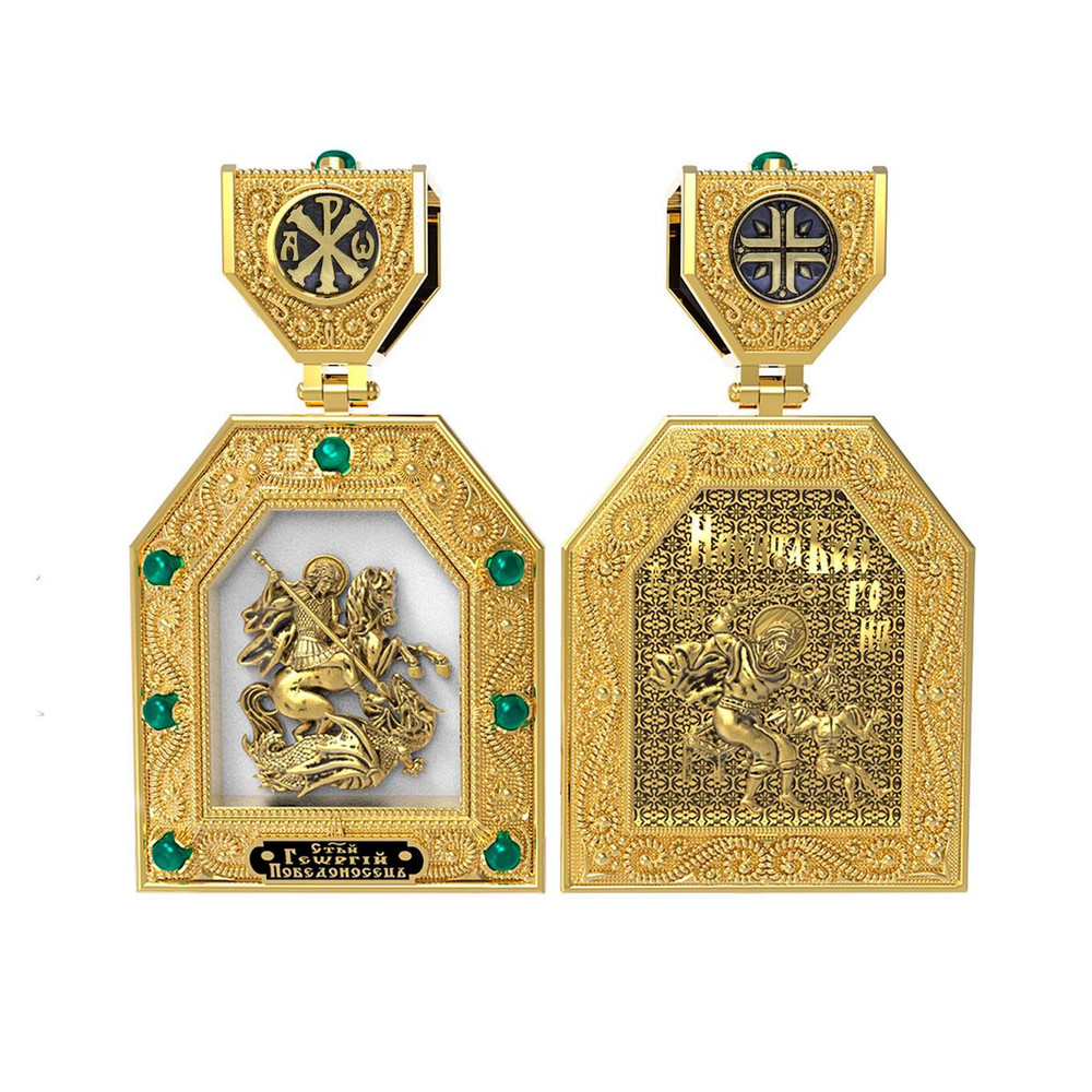 Образок из лимонного золота c эмалью и хризопразом