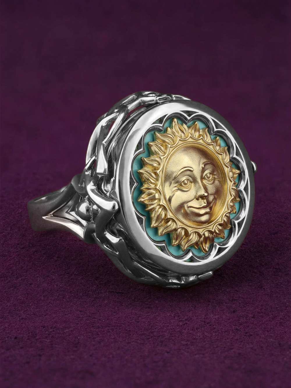 Кольцо из белого золота c бирюзой и лазуритом