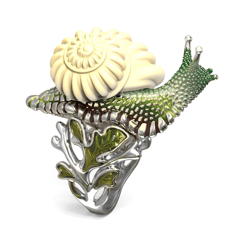 Кольцо из белого золота c эмаль и бивнем мамонта