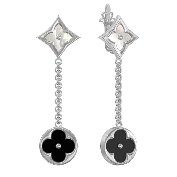 Серьги из белого золота c ониксом и перламутром