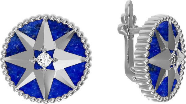 Серьги из белого золота c фианитом и лазуритом