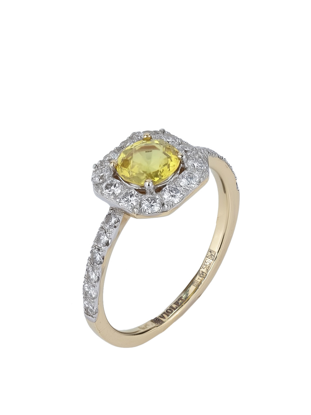 Кольцо из лимонного золота c бриллиантами и сапфиром