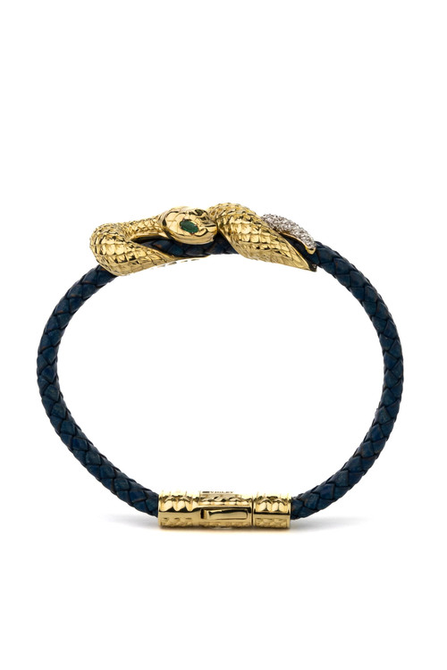 Браслет из лимонного золота c бриллиантами, изумрудом и кожаным шнурком