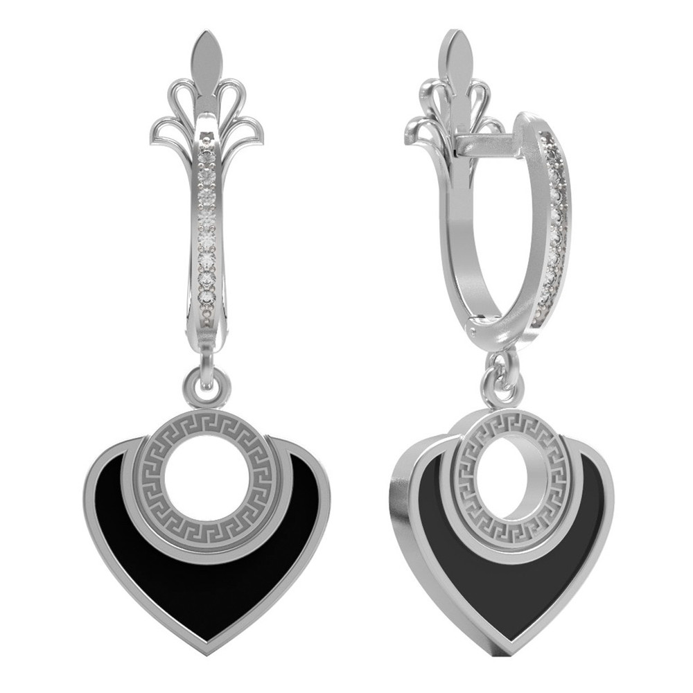 Серьги из белого золота c фианитом и ониксом