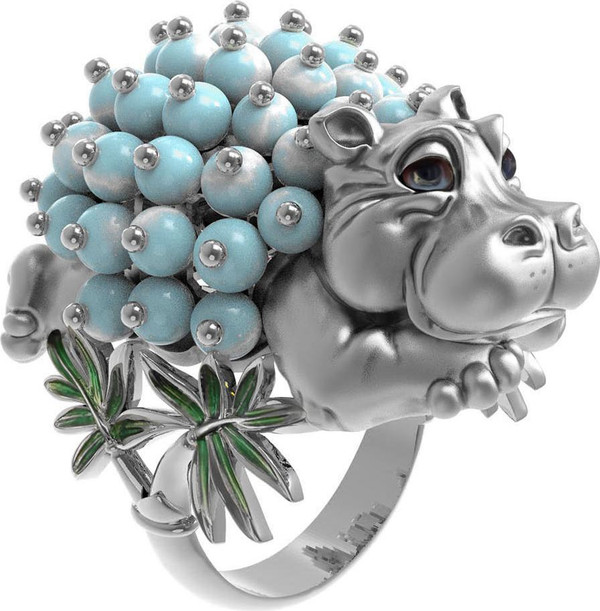 Кольцо из белого золота c эмаль и бирюзой