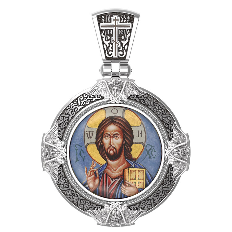 Образок из белого золота c эмаль , иконописью и темперой