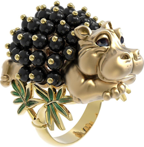 Кольцо из лимонного золота c эмаль и ониксом