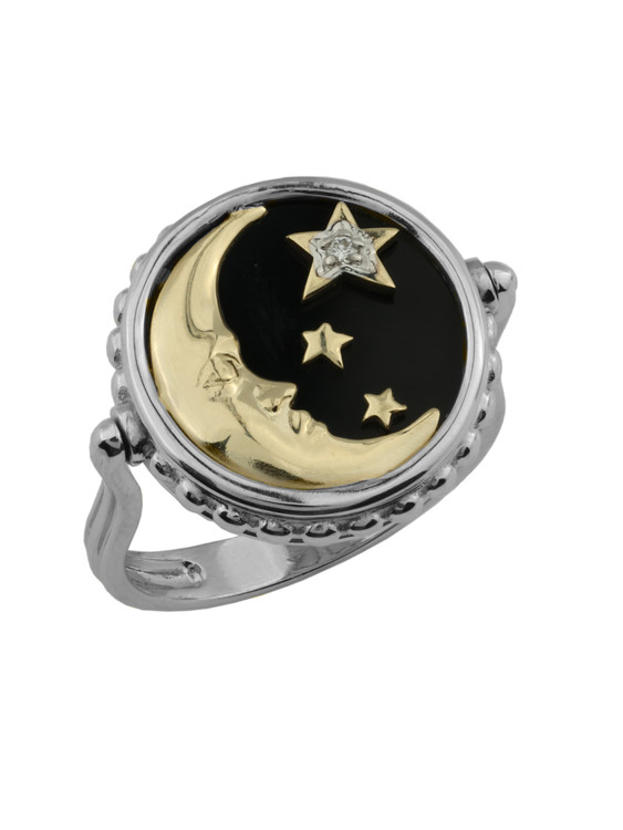 Кольцо из белого золота c бриллиантами, ониксом и перламутром