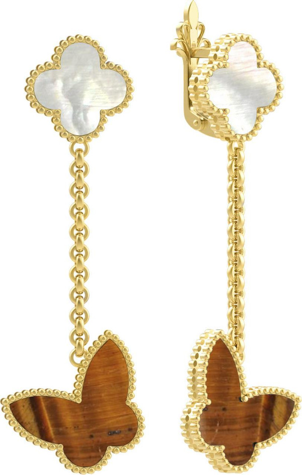 Серьги из лимонного золота c тигровым глазом и перламутром