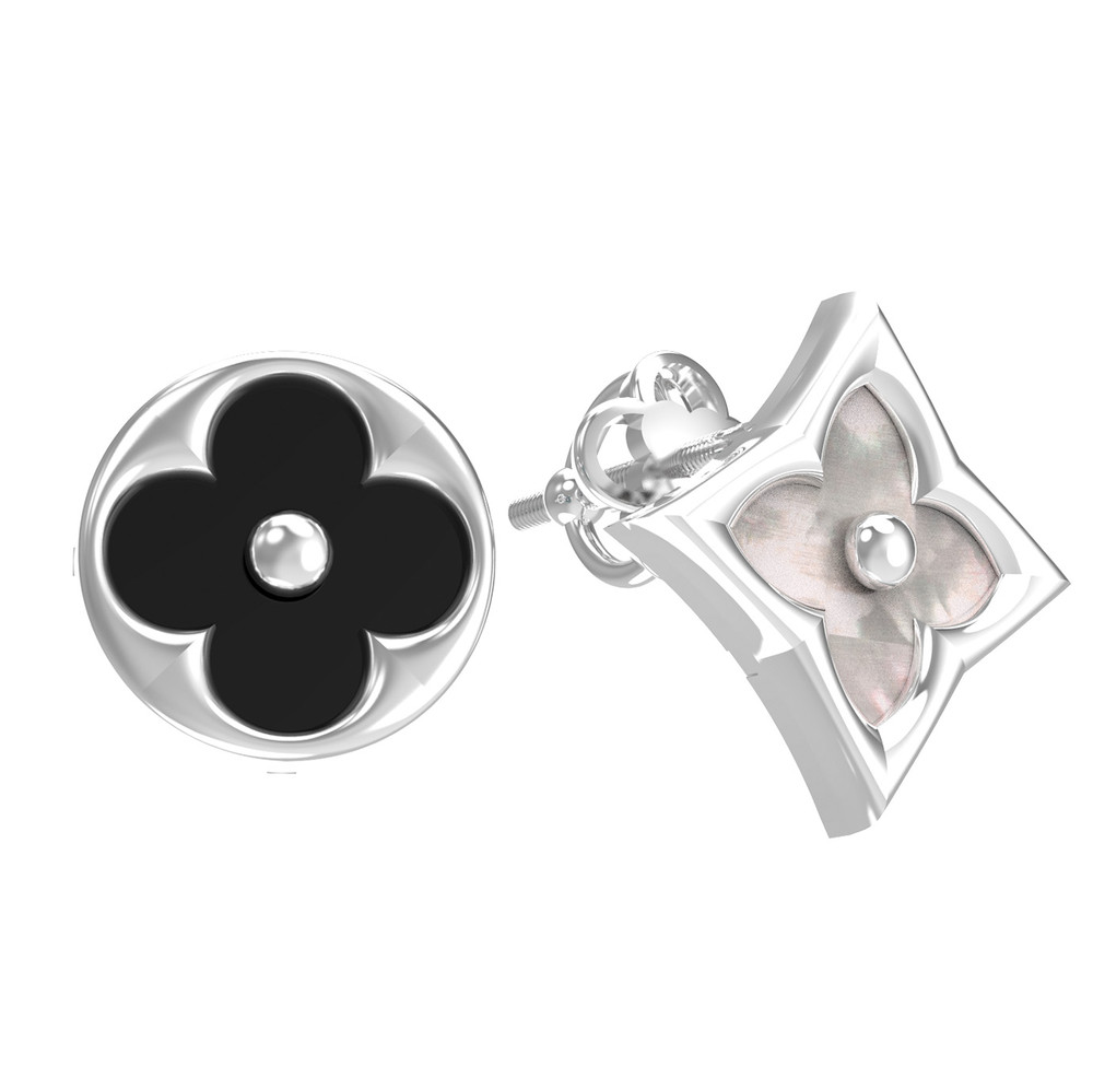 Серьги из белого золота c ониксом и перламутром