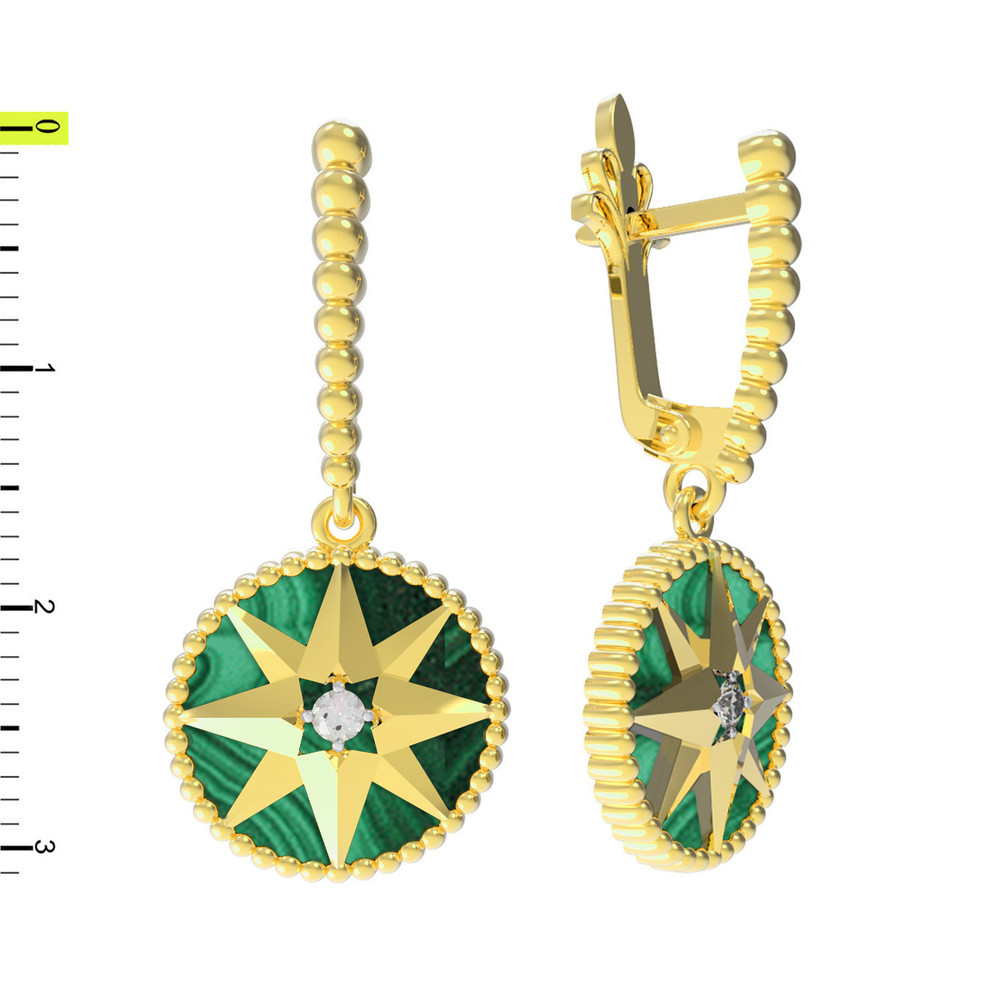 Серьги из лимонного золота c фианитом и малахитом