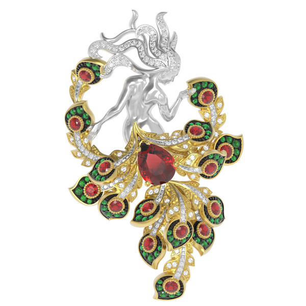 Брошь из лимонного золота c фианитом и гранатом