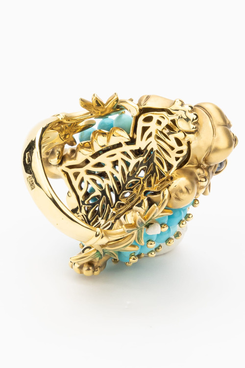 Кольцо из лимонного золота c эмаль и бирюзой