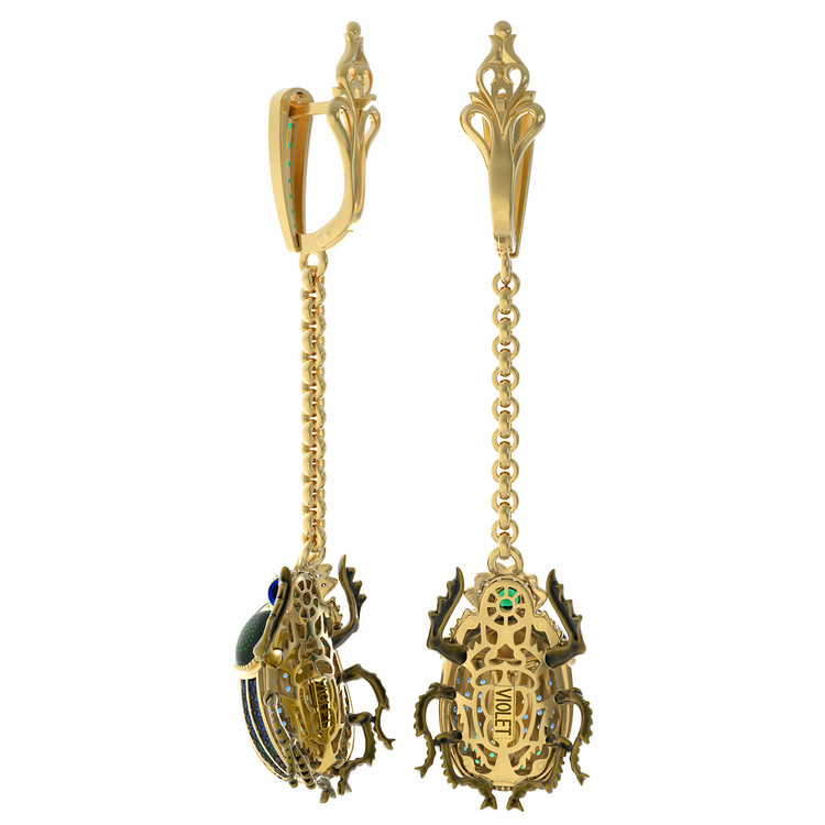 Серьги из лимонного золота c эмаль , фианитом, турмалином и сапфиром