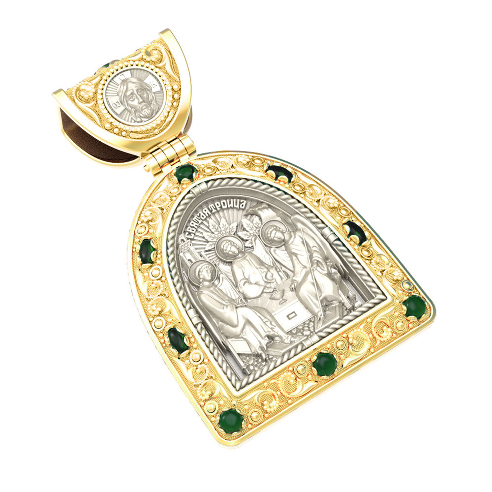 Образок из лимонного золота c эмаль , хризопразом и бивнем мамонта