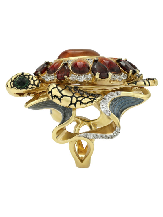 Кольцо из лимонного золота c эмаль , фианитом, гранатом и янтарём