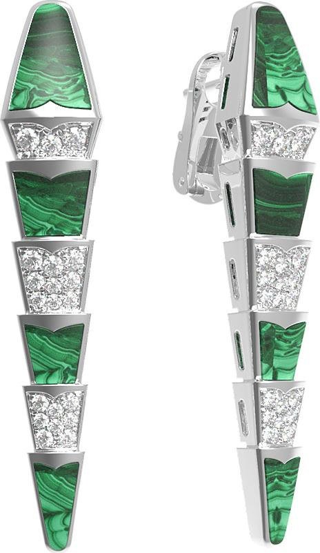 Серьги из белого золота c бриллиантами и малахитом